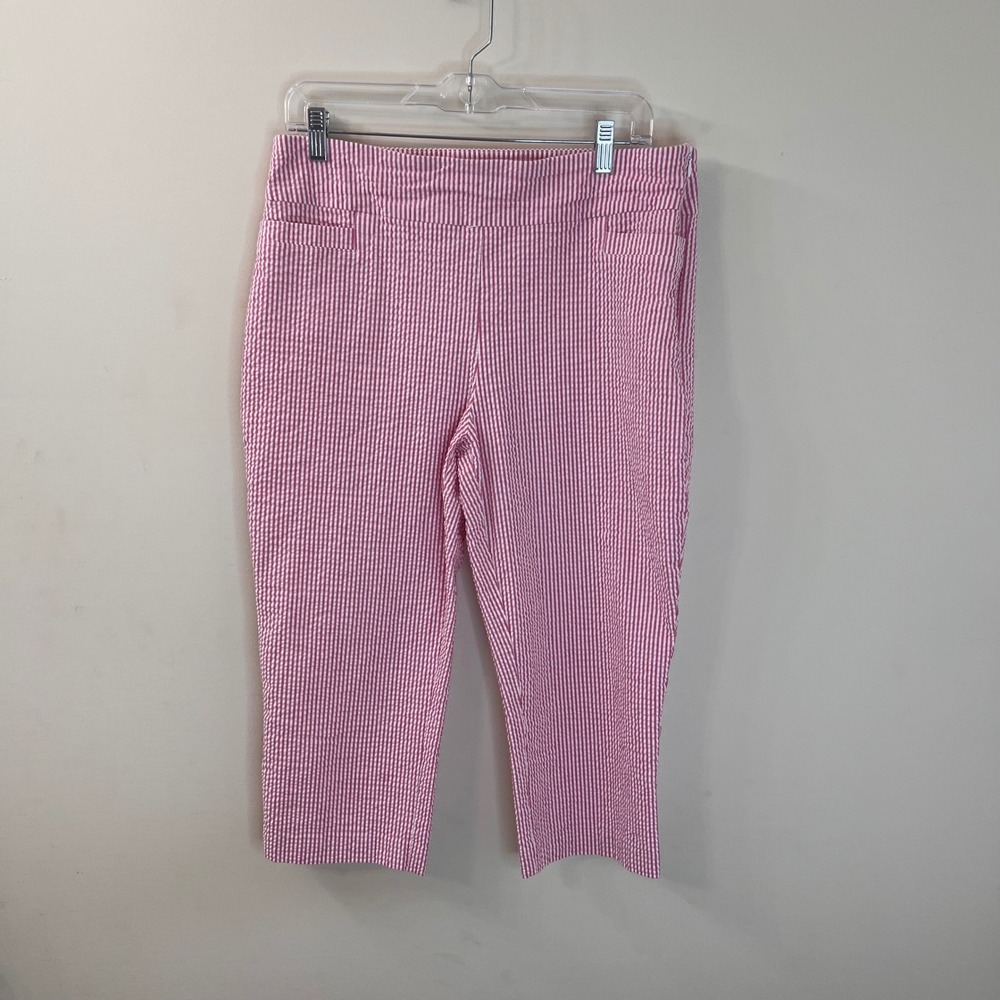 Kim Rogers Pink White Seersucker Striped Crop Pants Side Zip Capris Women's 12